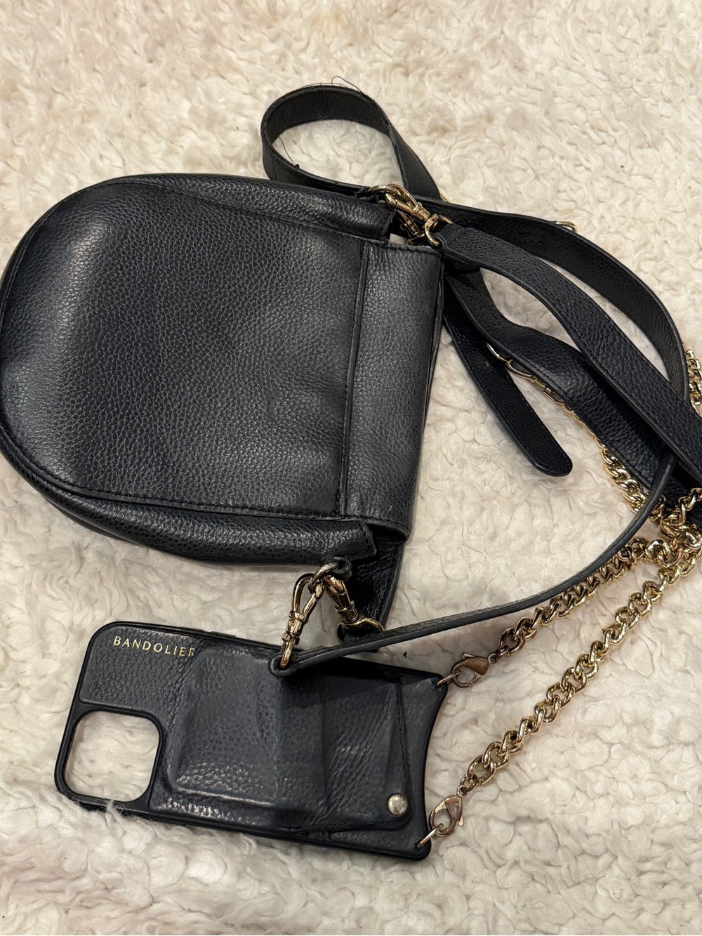 Bandolier Black Pebbled Leather Crossbody and Phone Case with Gold Chain - Picture 3 of 12